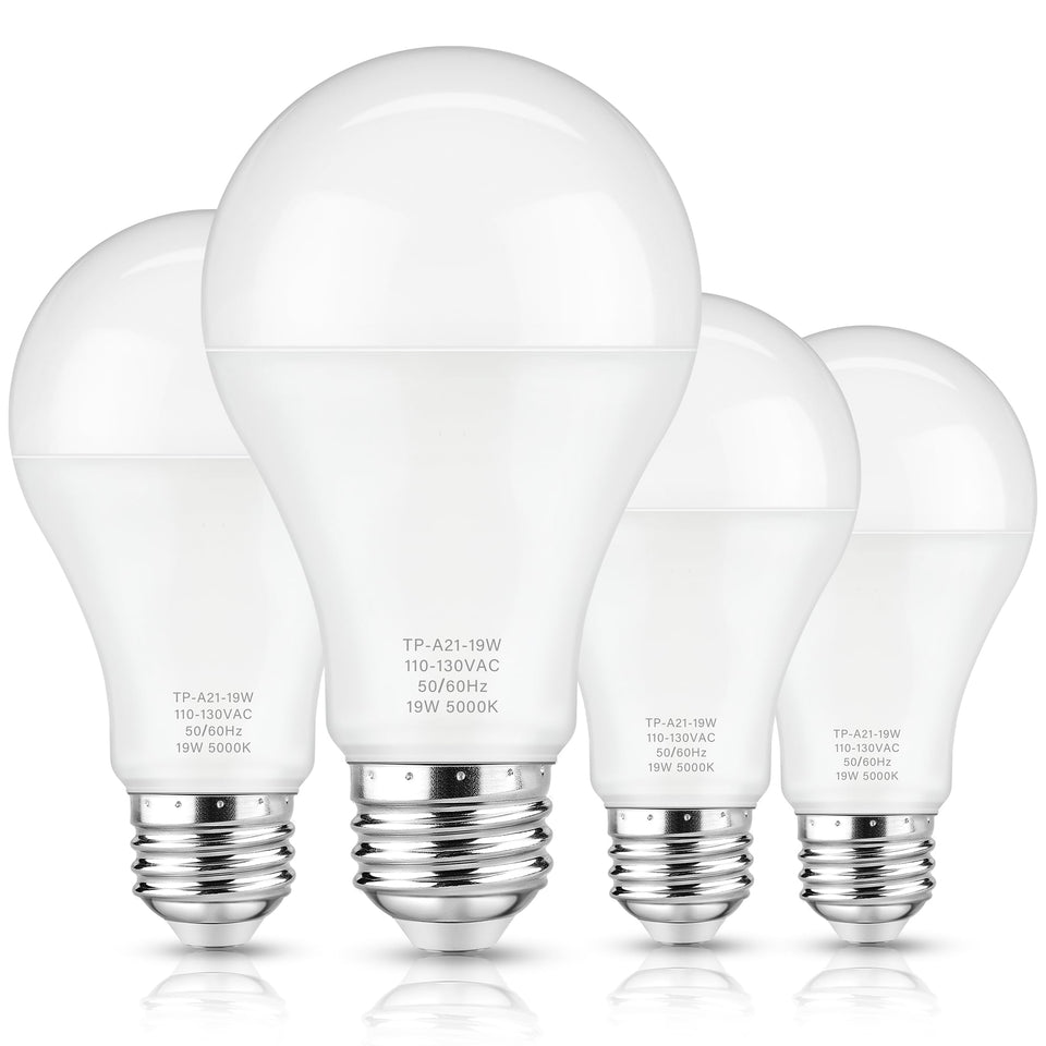 Maylaywood A21 LED bulbs 4-pack delivering daylight brightness for living spaces.