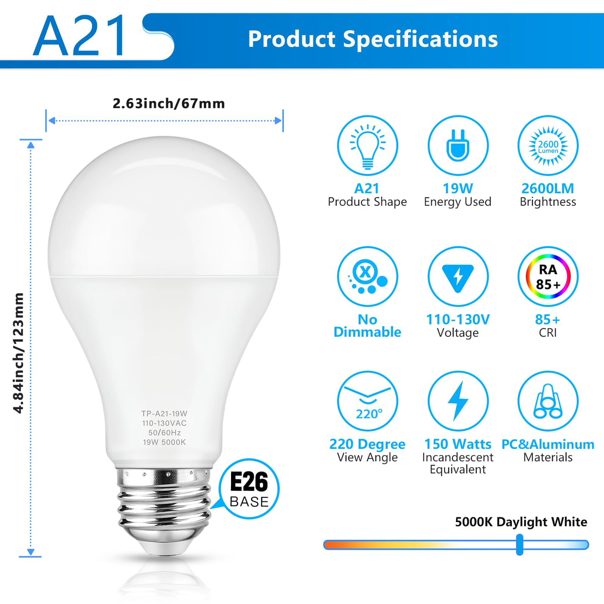 Maylaywood A21 LED bulb showing broad 220-degree beam spread across a room.