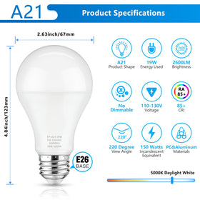 Maylaywood A21 LED bulb showing broad 220-degree beam spread across a room.