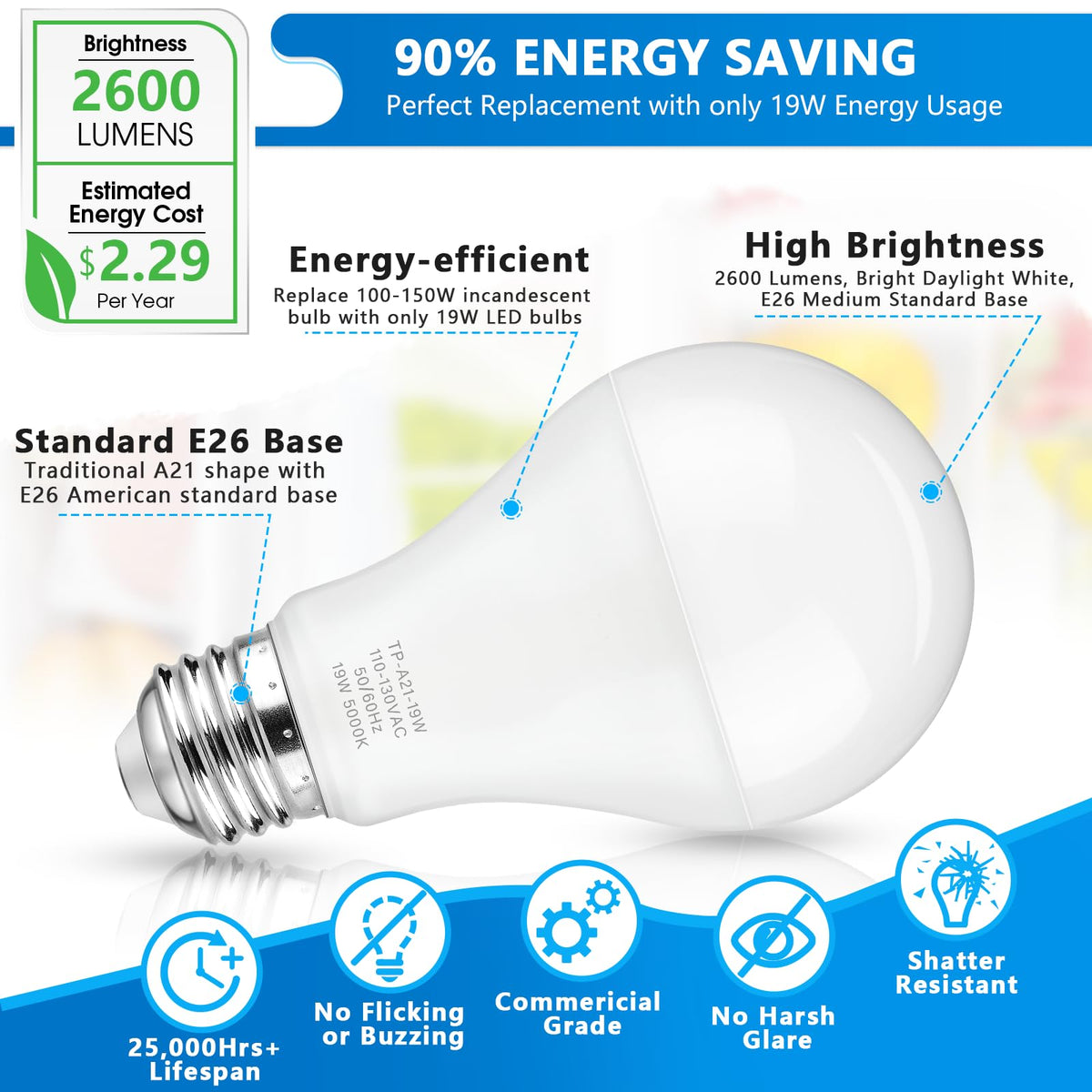 Maylaywood A21 LED bulb with E26 base ready for standard fixtures.