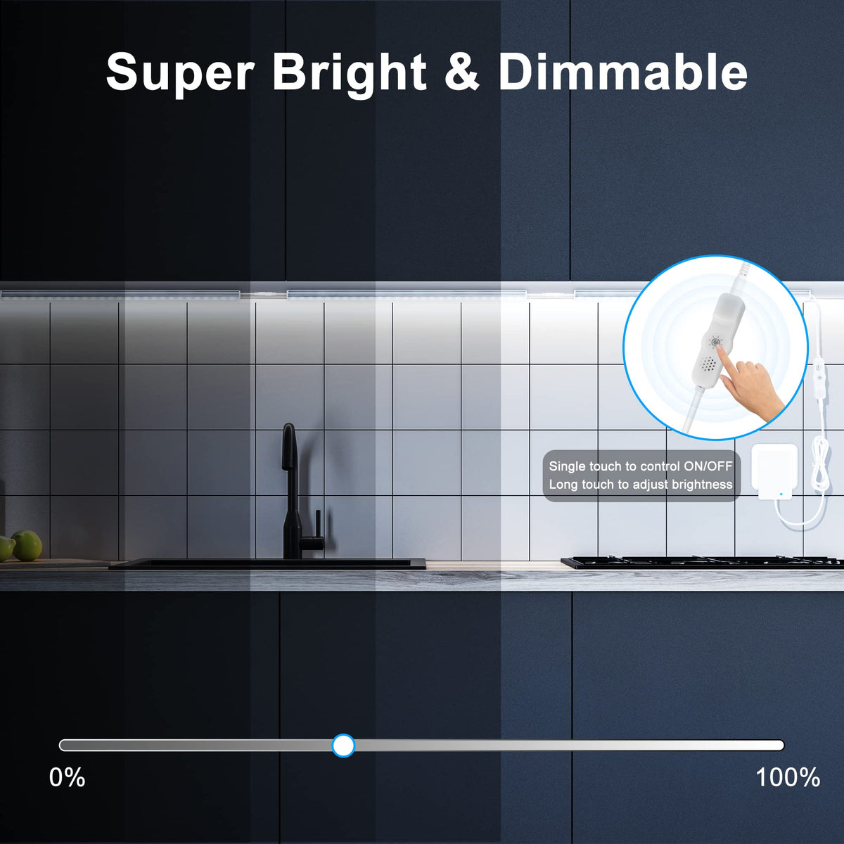 Maylit compact LED strip hidden under cabinet provides clean look.