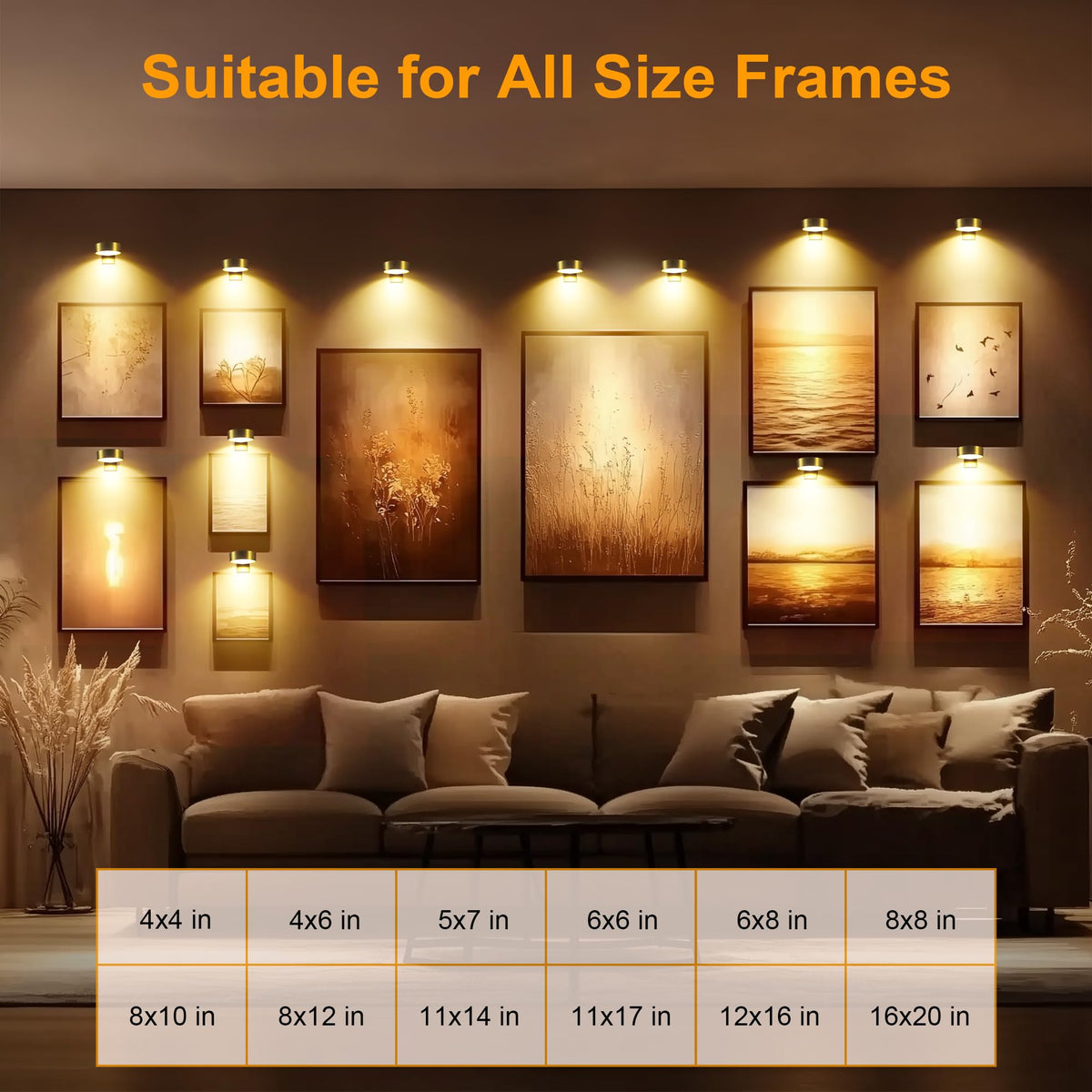 Maylit picture light set to 2700K warm white for cozy art ambiance.
