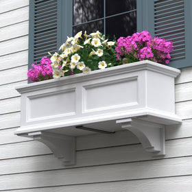 Mayne Fairfield brackets white installed on window box for secure mounting