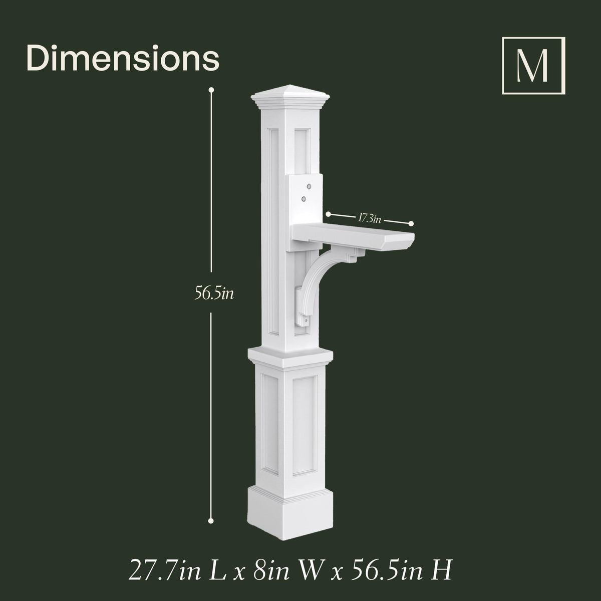 Mayne Newport Plus mailbox arm attached to the post demonstrates sturdy, weight-ready design.