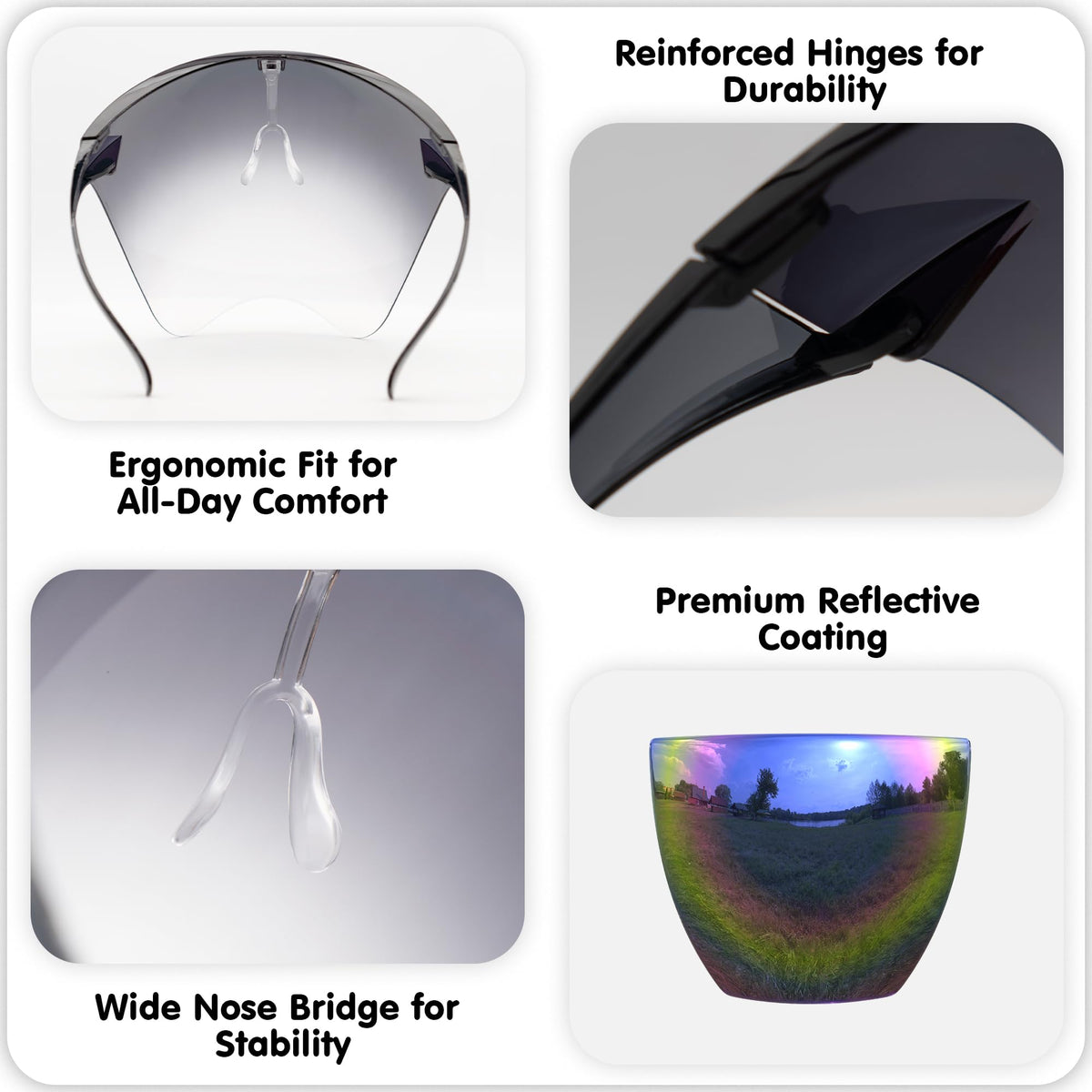 Mayoken unisex shield visor 6-inch design for secure wraparound comfort.