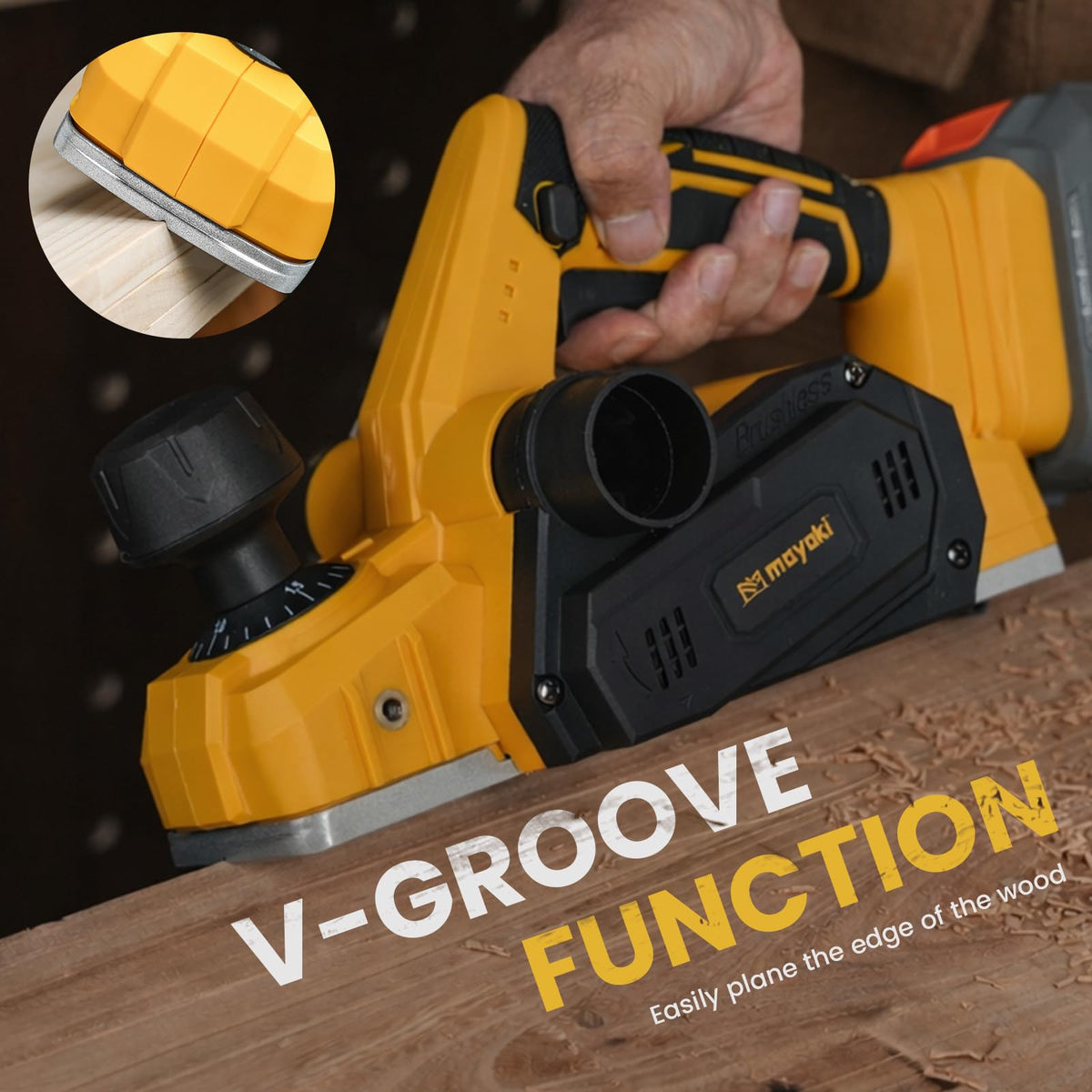 Mayoki cordless planer depth adjustment dial close-up for accurate settings