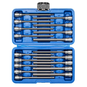 Mayouko 38-drive long hex bit sockets case front, deep-reach capability for recessed fasteners.