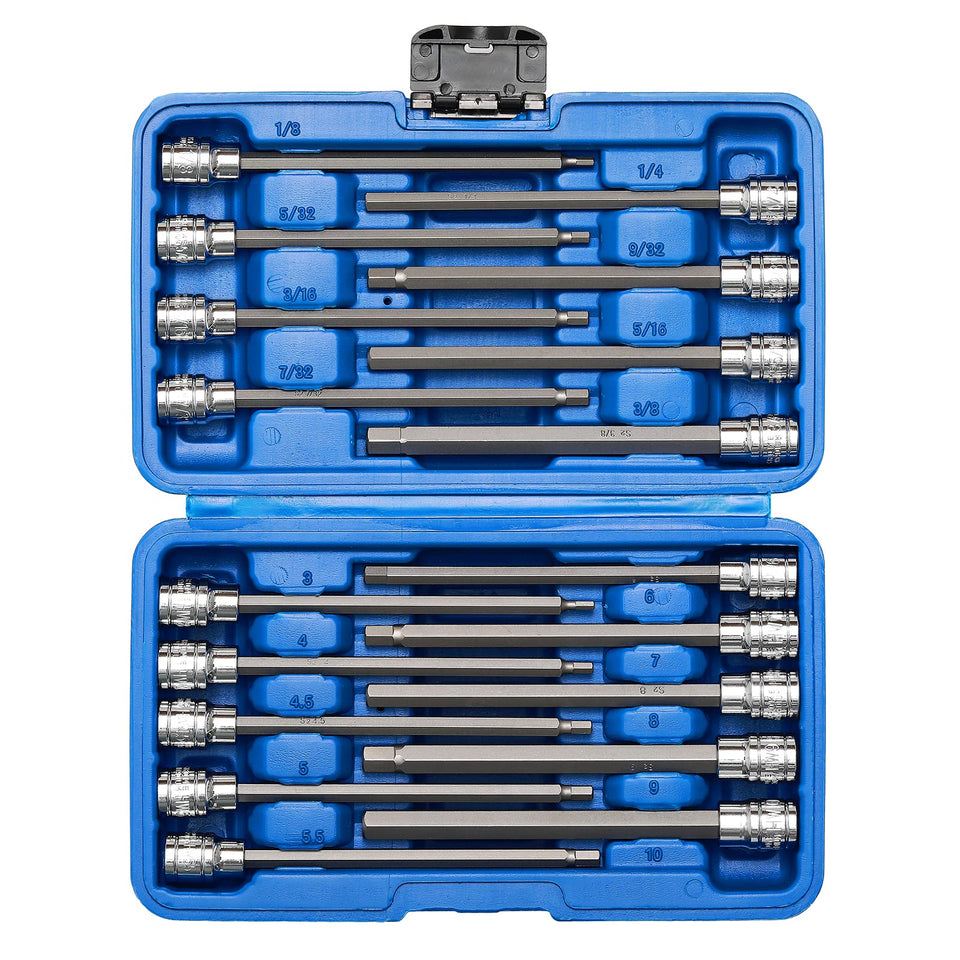 Mayouko 38-drive long hex bit sockets case front, deep-reach capability for recessed fasteners.