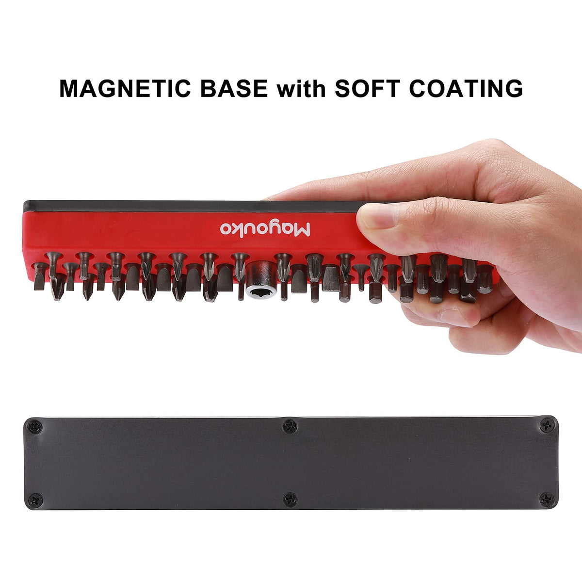 Mayouko magnetic base attachment sticks to metal surfaces for stable storage.