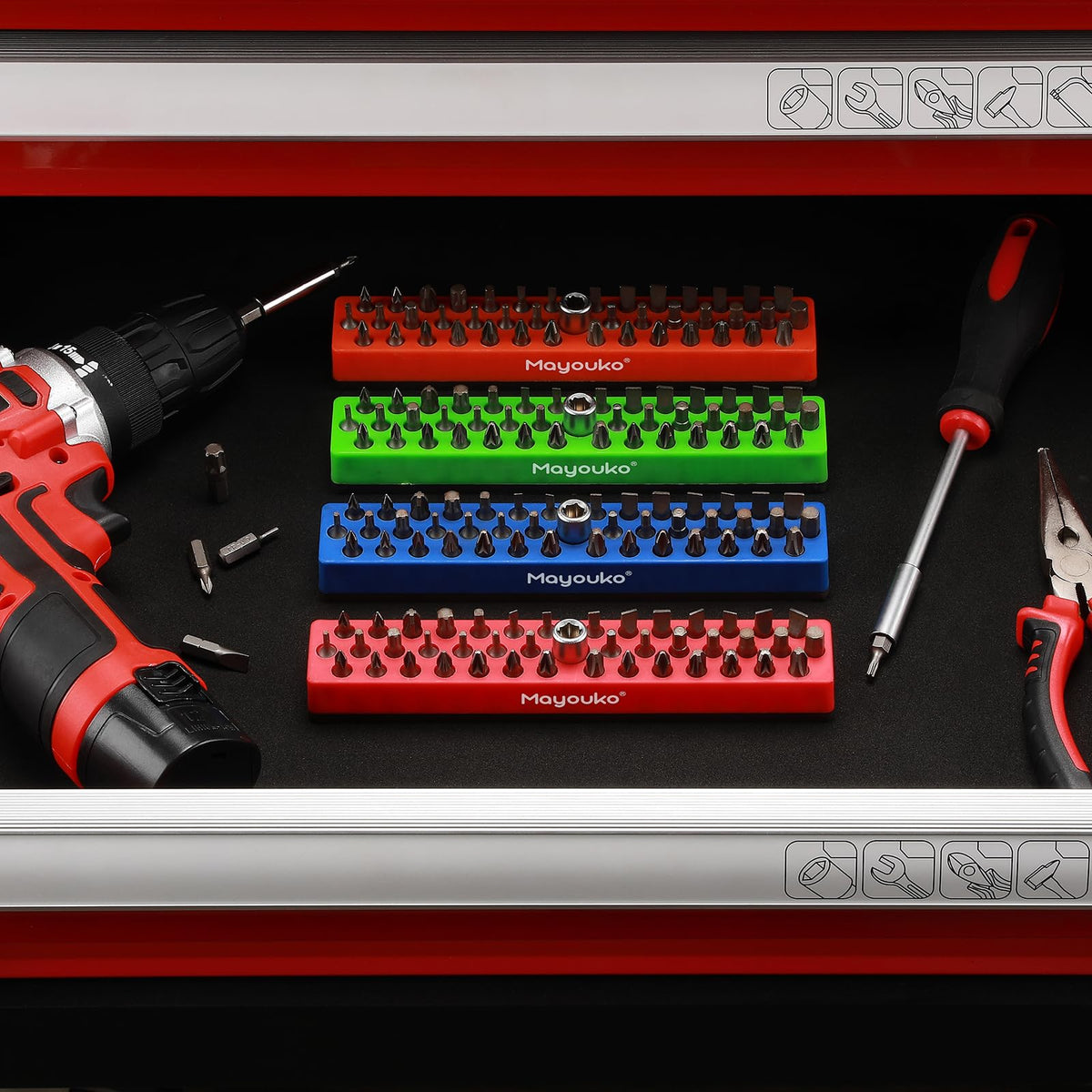 Mayouko slim portable bit rack travels to jobsites without bulk.