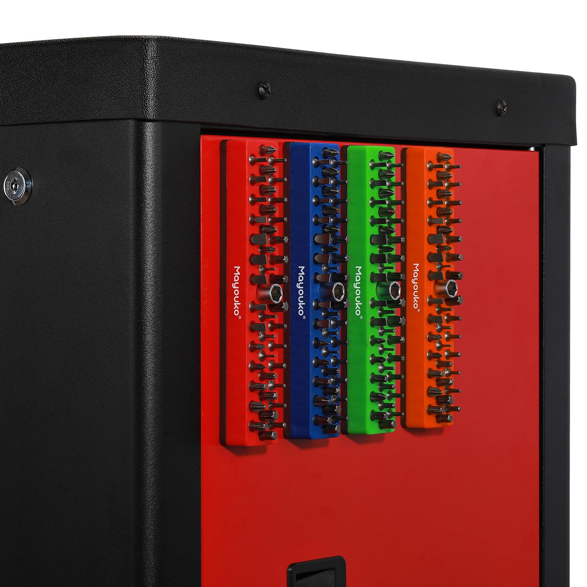 Mayouko toolbox magnetic mount system keeps bits close at hand.