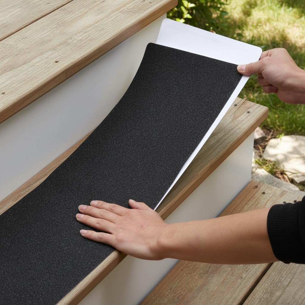 MBIGM nonslip stair treads on wood steps provide secure footing in wet weather.