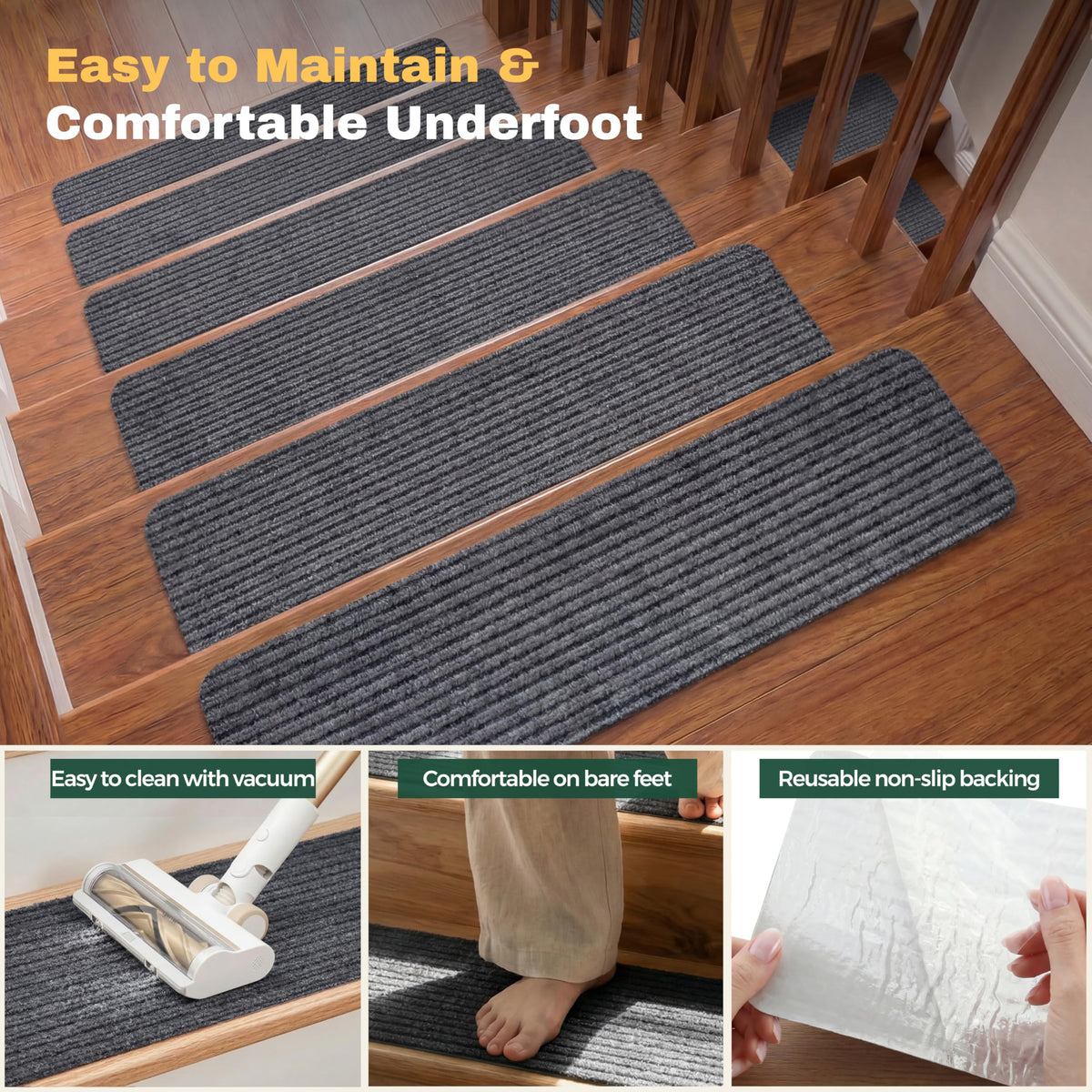 Machine-washable MBIGM stair treads for easy maintenance.