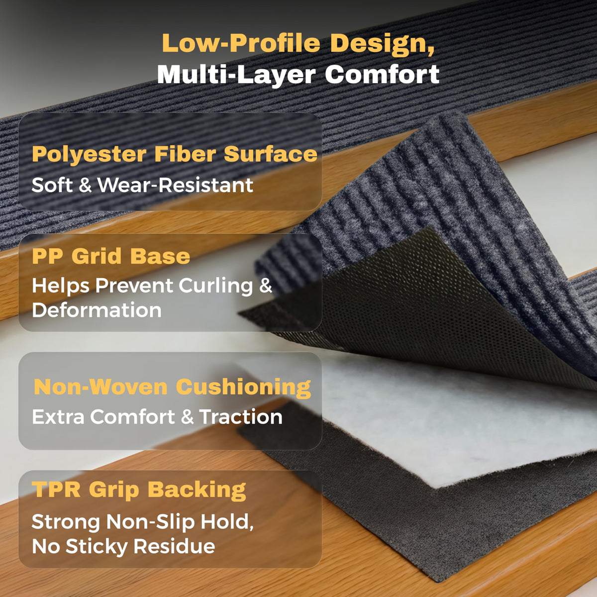 MBIGM wear-resistant polyester fiber surface offers soft, quiet footing.