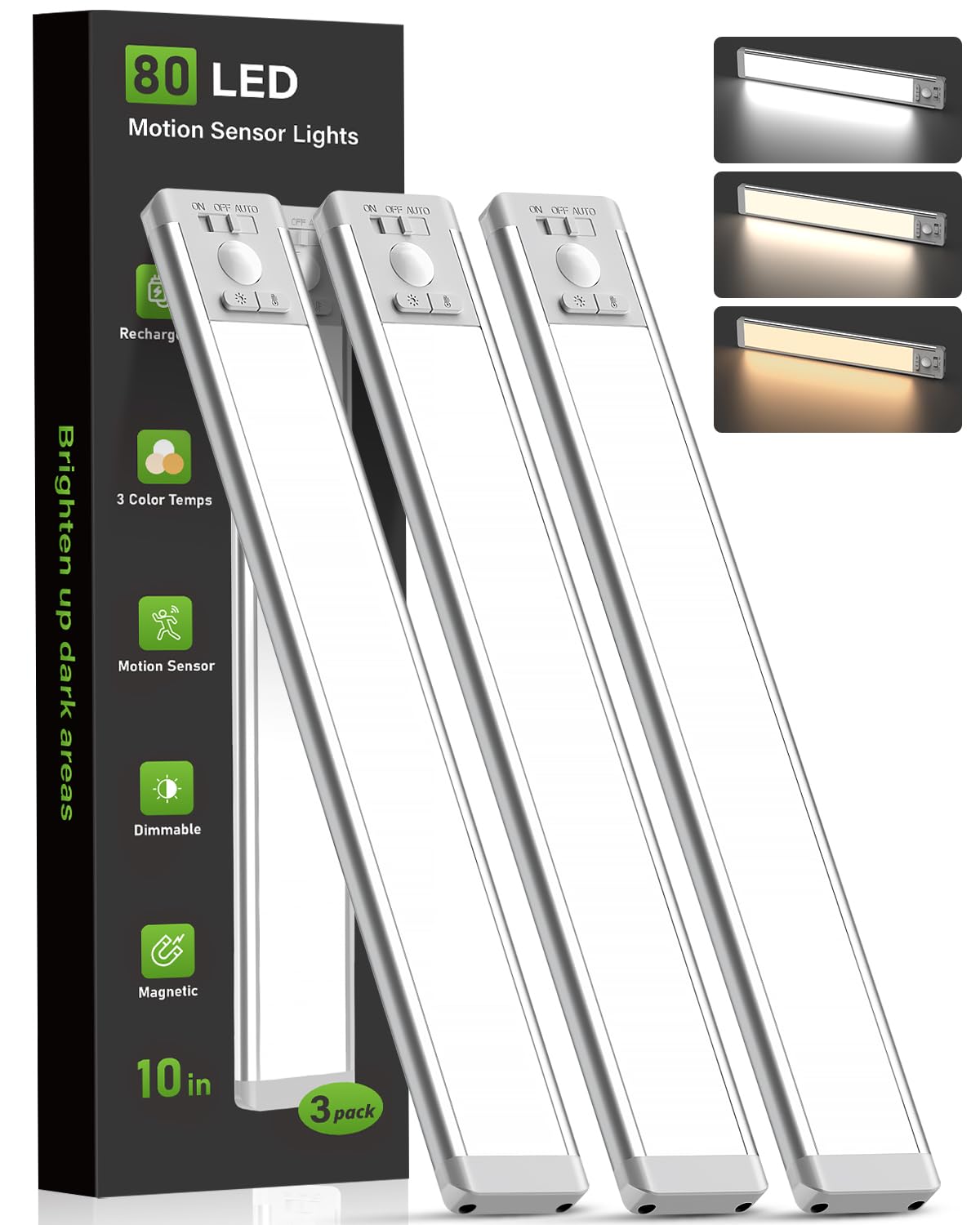 MCGOR 3-pack 10-inch under-cabinet lighting provides bright, even kitchen illumination.