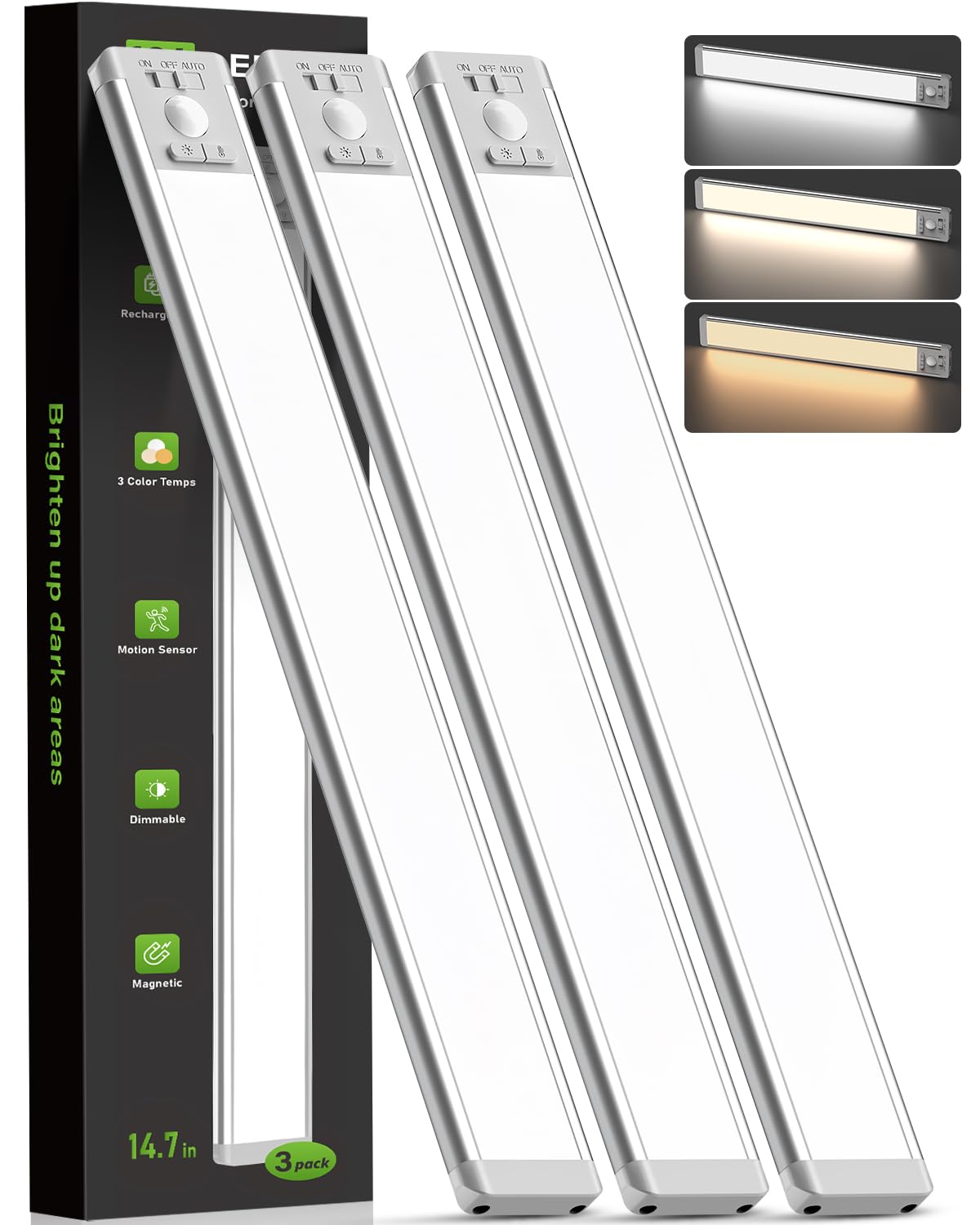 MCGOR under-cabinet light with rechargeable battery and magnetic mount for quick setup.