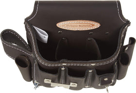Close-up of durable oil-tanned leather stitching on McGuire-Nicholas pouch.