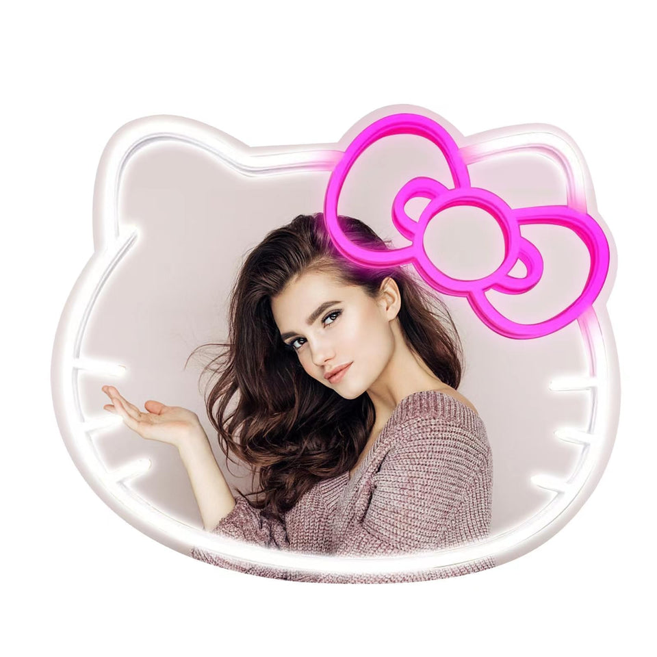 MCJSGSP Anime Hello Kit Mirror with Light bright neon wall decor for makeup routines.