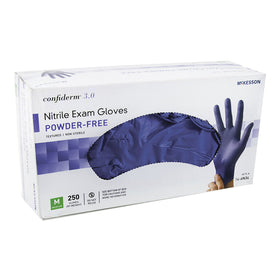 Powder-free McKesson Confiderm 3.0 nitrile gloves minimize powder exposure.