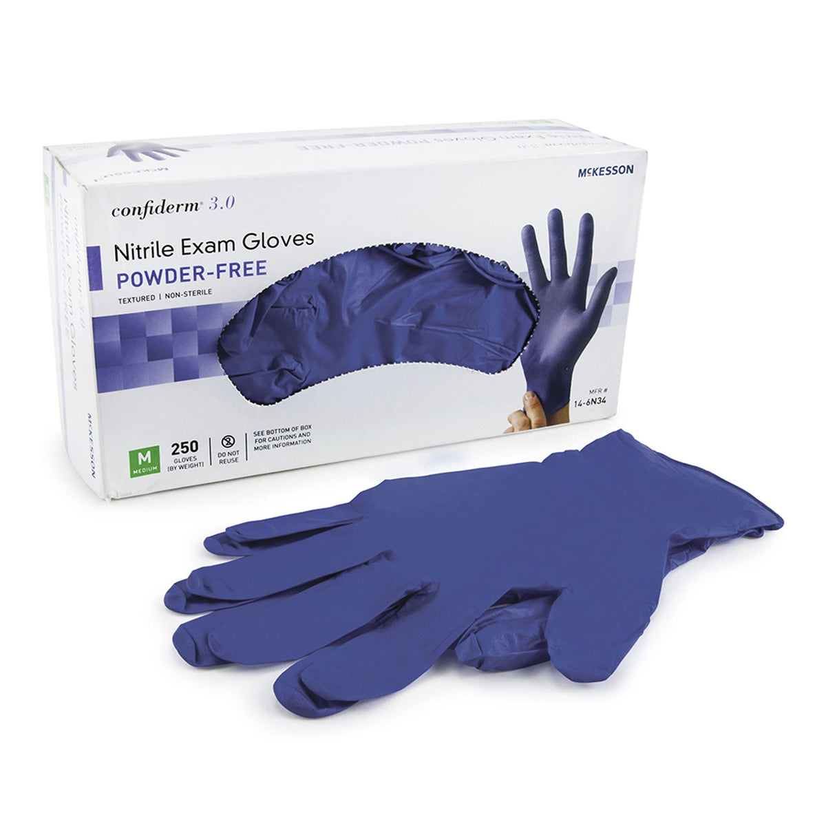 McKesson Confiderm 3.0 nitrile gloves with textured fingertips for precise grip.