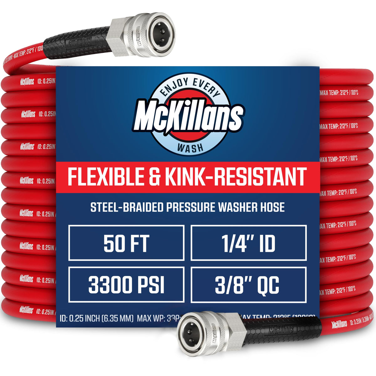 McKillans 50 ft steel-braided hose demonstrates flexible reach for vehicle cleaning.