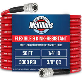 McKillans 50 ft steel-braided hose demonstrates flexible reach for vehicle cleaning.