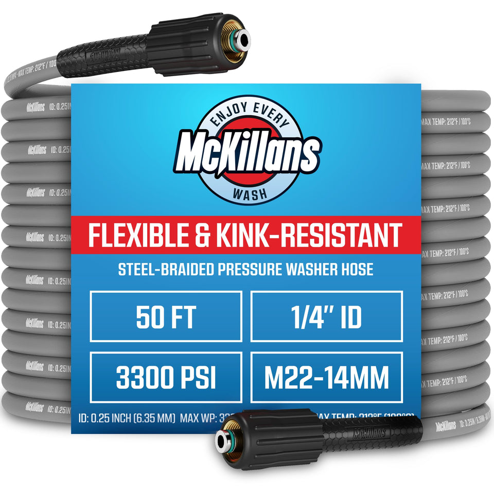 McKillans 50ft steel-braided pressure washer hose for extended reach and durability
