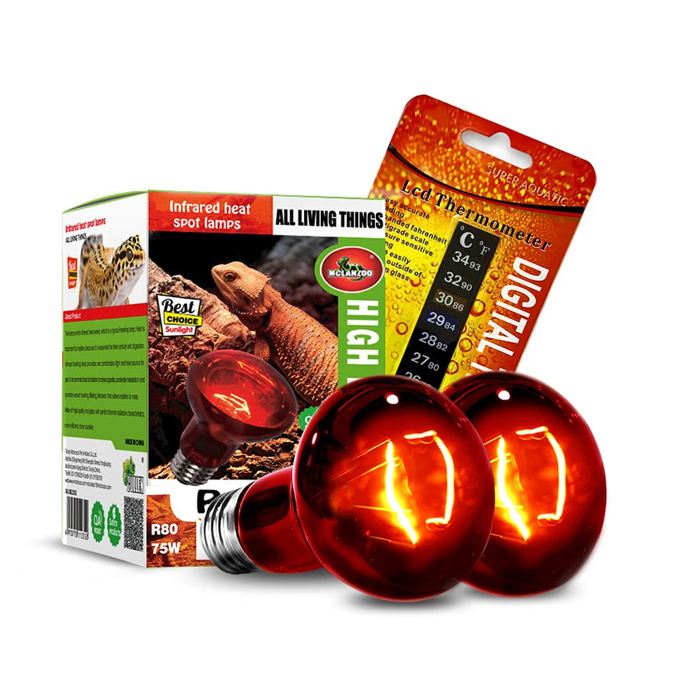 MCLANZOO infrared heat lamp 75W 2-pack warms terrarium zones safely