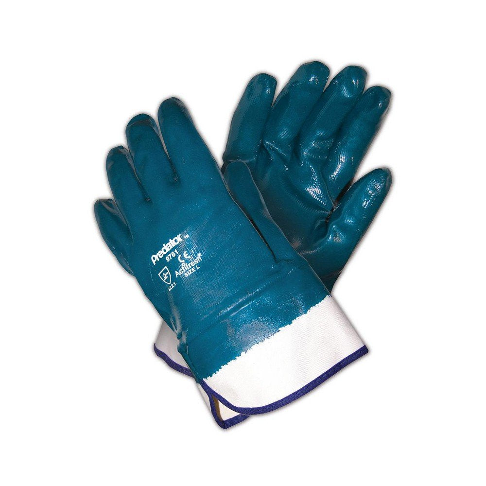 MCR Safety Predator fully coated nitrile glove in blue and white, fully coated for superior grip and light-duty protection
