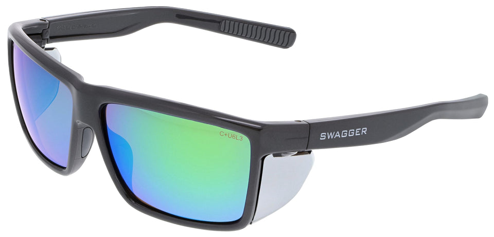 MCR Swagger SR2 glasses with charcoal frame and green mirror polarized lenses for UV protection.