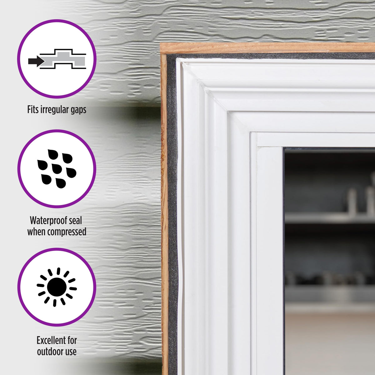 Weatherseal installed along an uneven window edge for a snug fit.