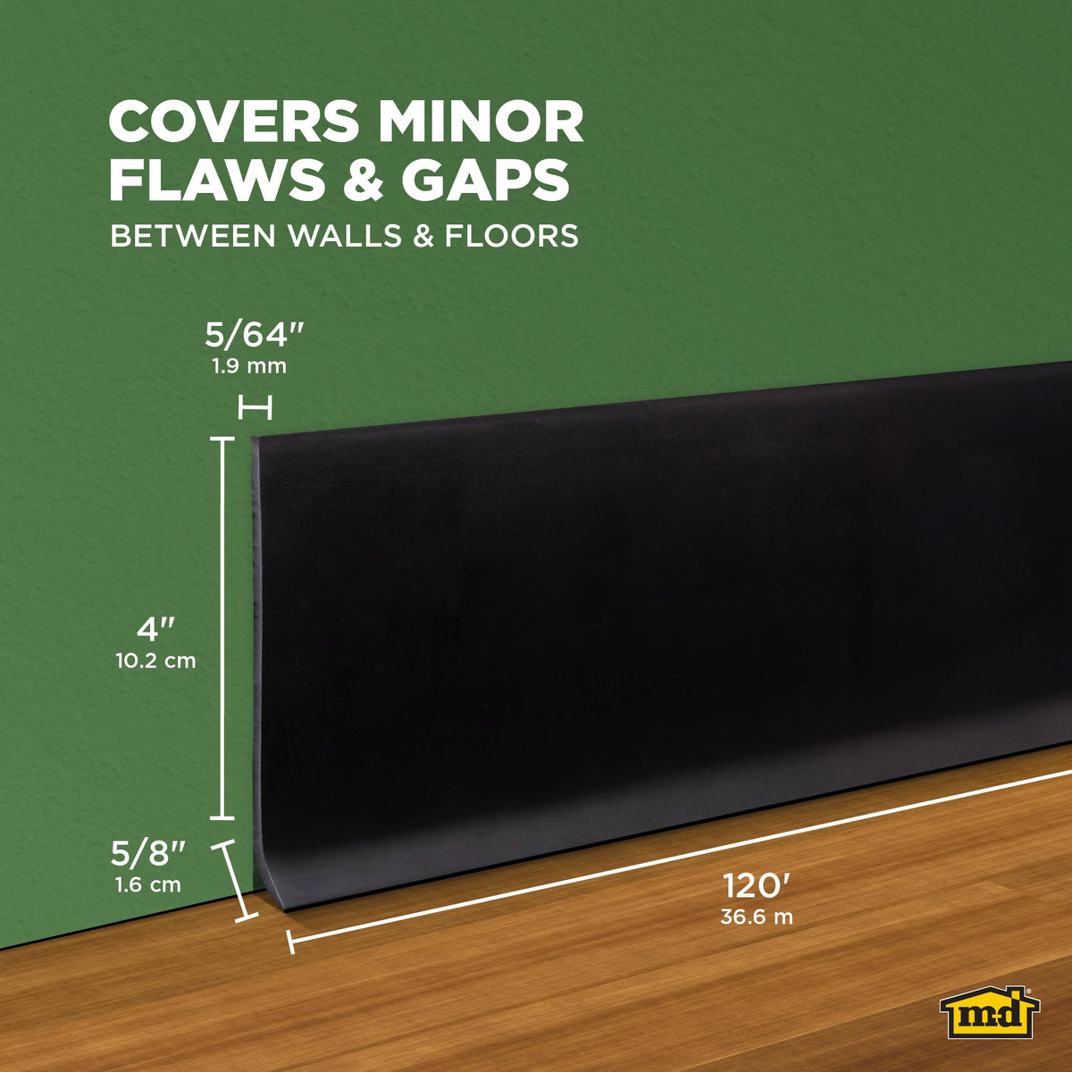 M-D Building Products wall base close-up shows flexible, crack-resistant vinyl with long-lasting surface.