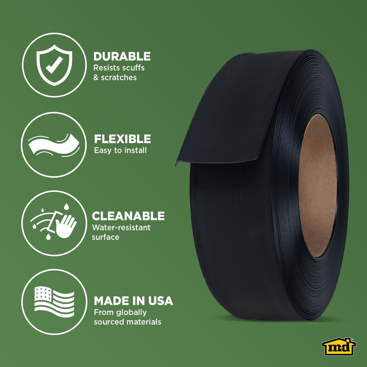 M-D Building Products wall base conceals gaps between walls and floors effectively.