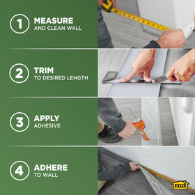 M-D Building Products wall base waterproof finish wipes clean with a damp cloth.