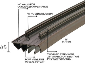 MD Building Products brown vinyl fins close-up for long-lasting draft protection.