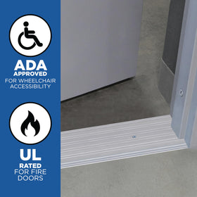 MD Building Products 68627 saddle threshold, side profile; fire-rated compatibility with fire doors.