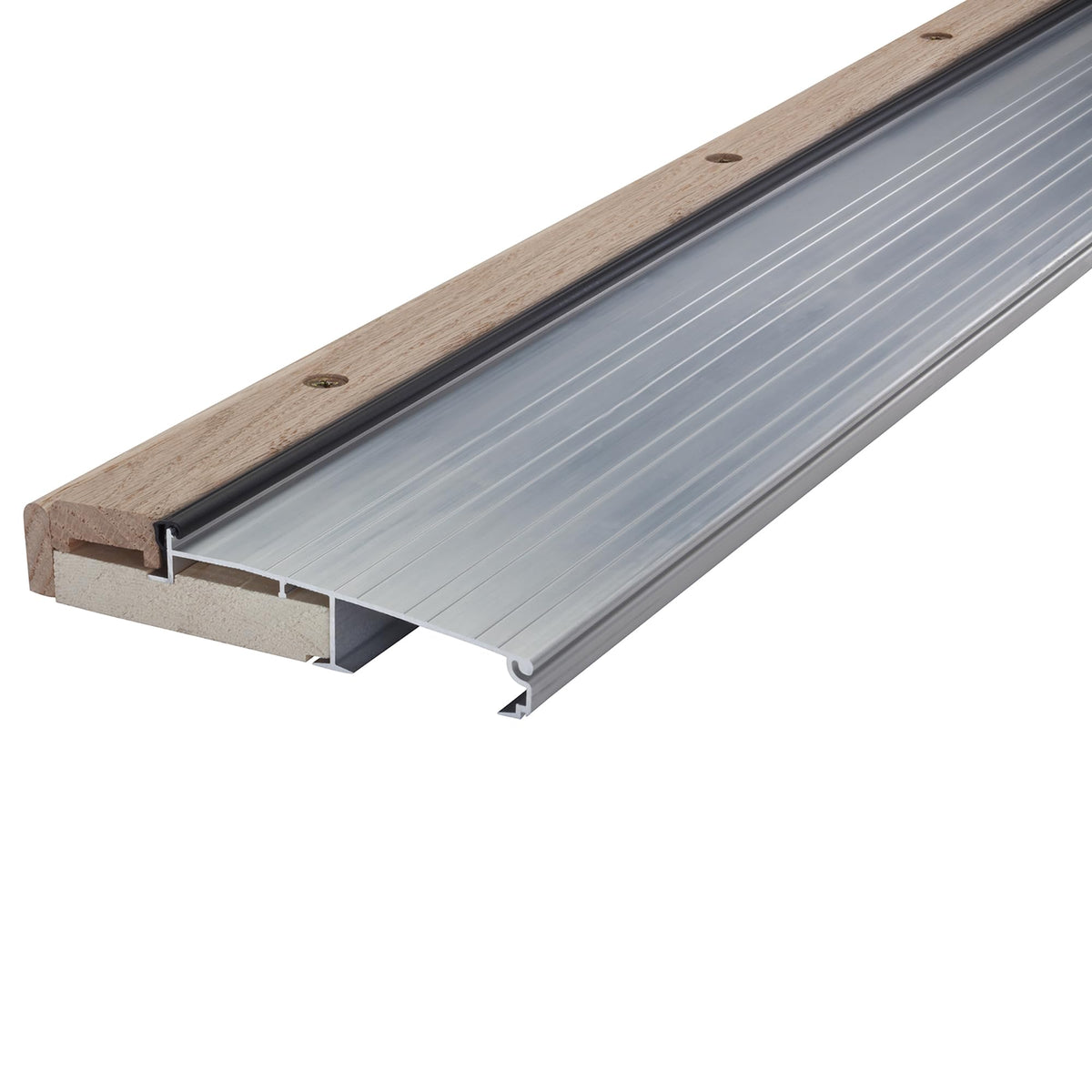 M-D 78600 threshold front view in silver, durable aluminum seals drafts