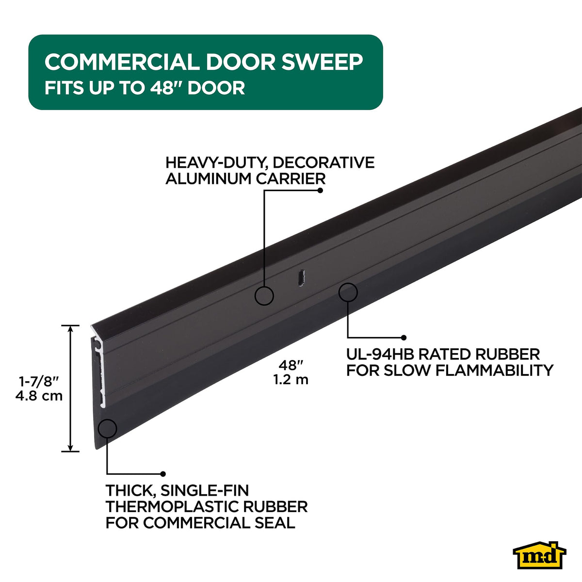 M-D heavy-duty rubber seal on the sweep blocks drafts and reduces dust near the threshold.