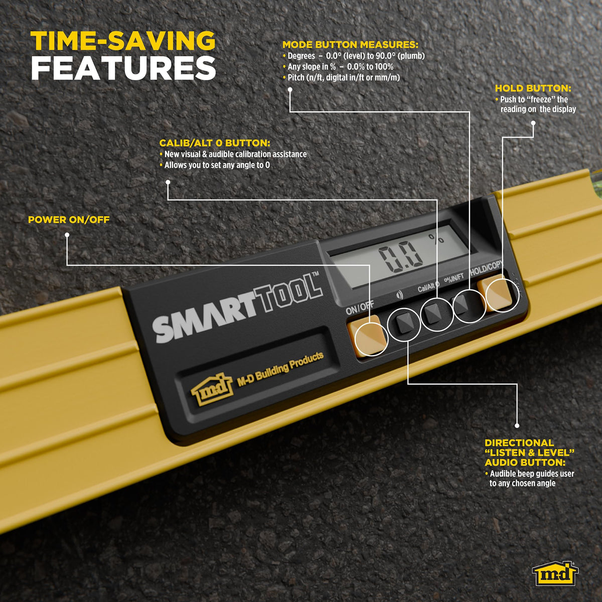 MD Building Products SmartTool heavy-duty aluminum frame withstands job-site demands.