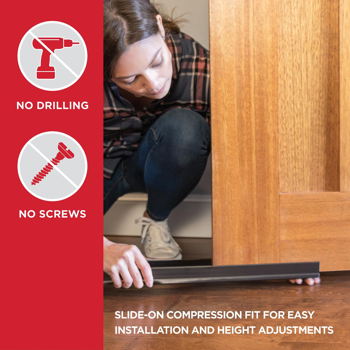 M-D Vinyl Cinch U-Shape seal sealing a door gap to reduce drafts and dust