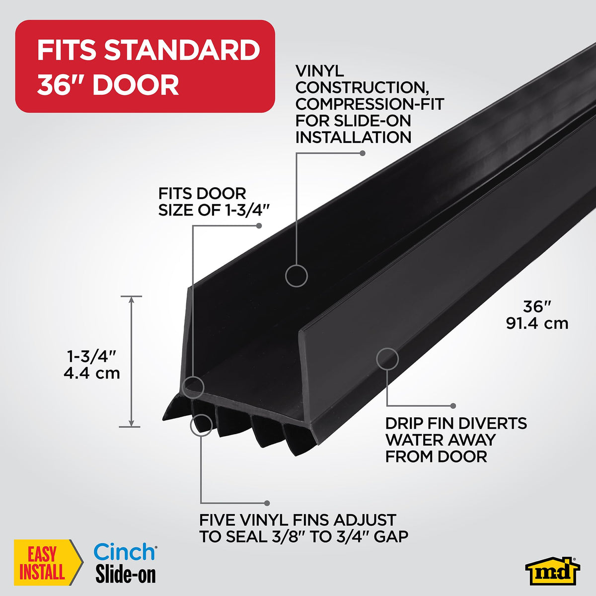 Closeup of M-D Vinyl Cinch seal creating a tight gap to reduce drafts.