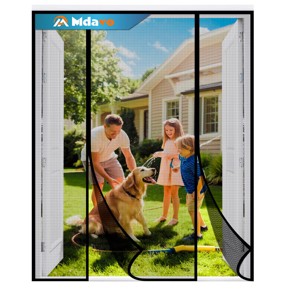 Mdavo double-door magnetic screen door closeup mesh blocks insects while allowing airflow.