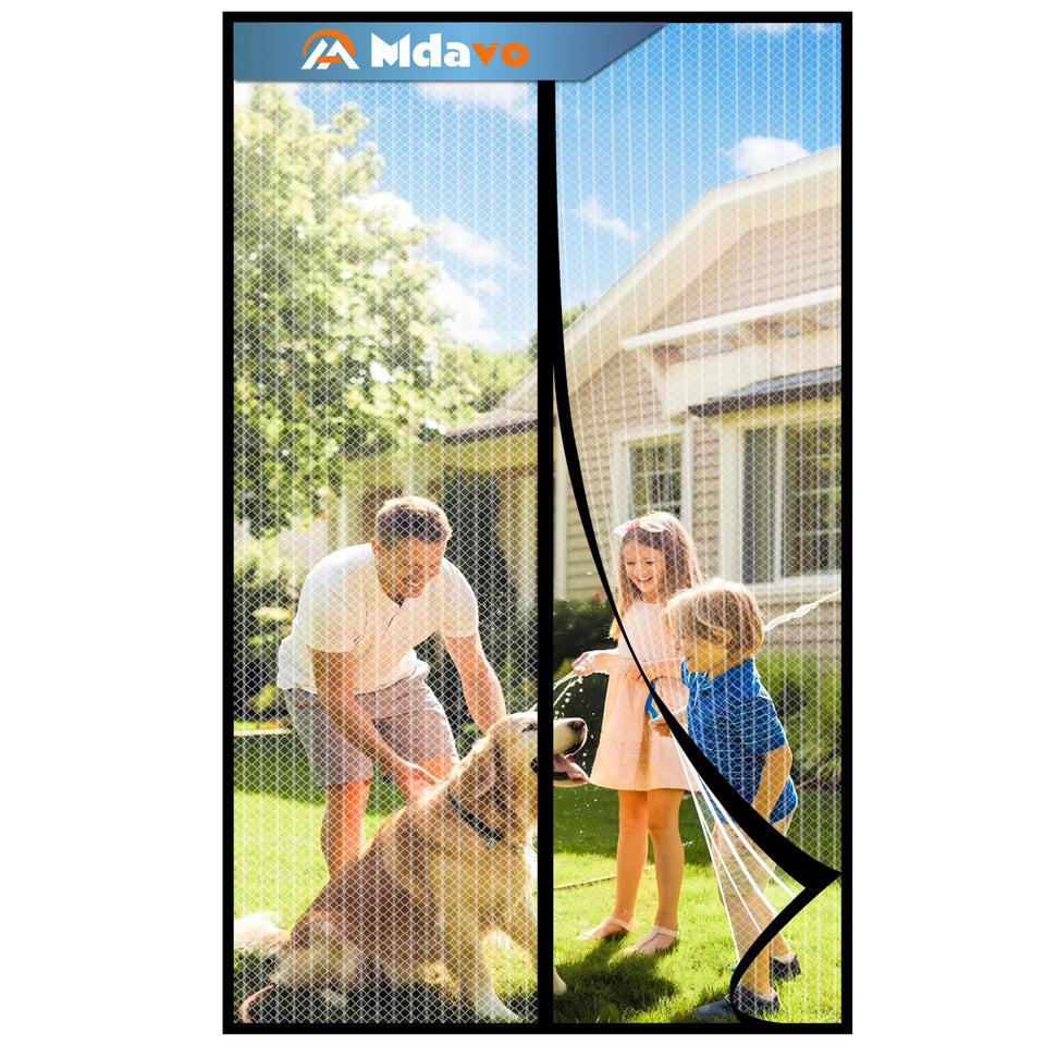 Mdavo magnetic screen door setup shows easy installation and insect protection.