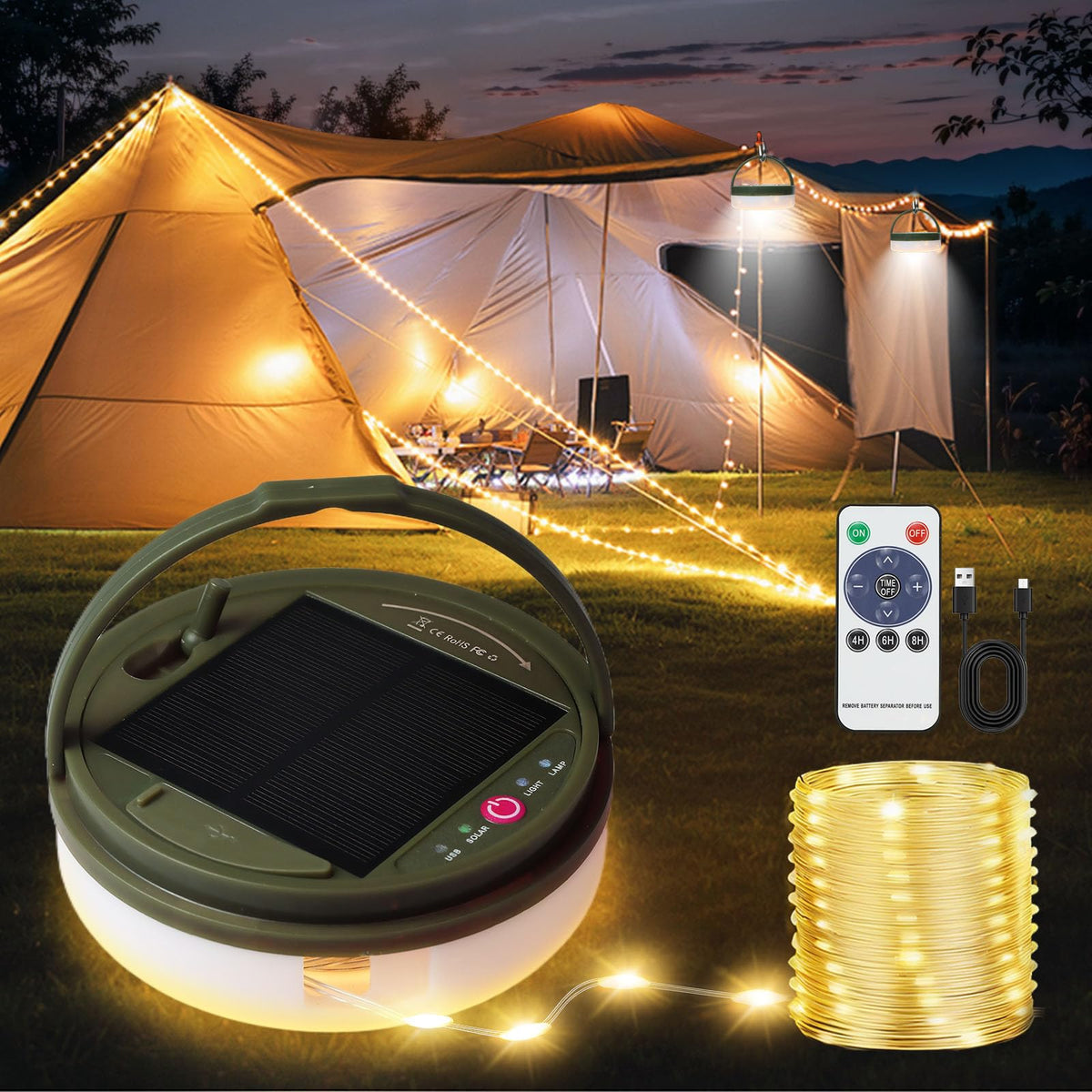 MDCMLKS solar camping lights provide warm glow along a 39.4ft string for tent ambience.