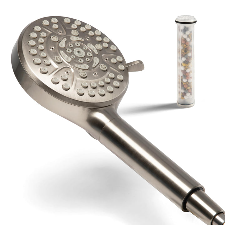 MDhair handheld filtered shower head in brushed nickel finish enhances water quality for healthier hair