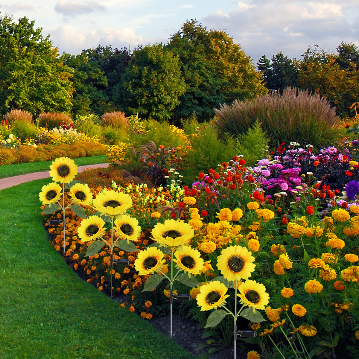 Meagoo solar sunflower lights adjustable stems for custom display.