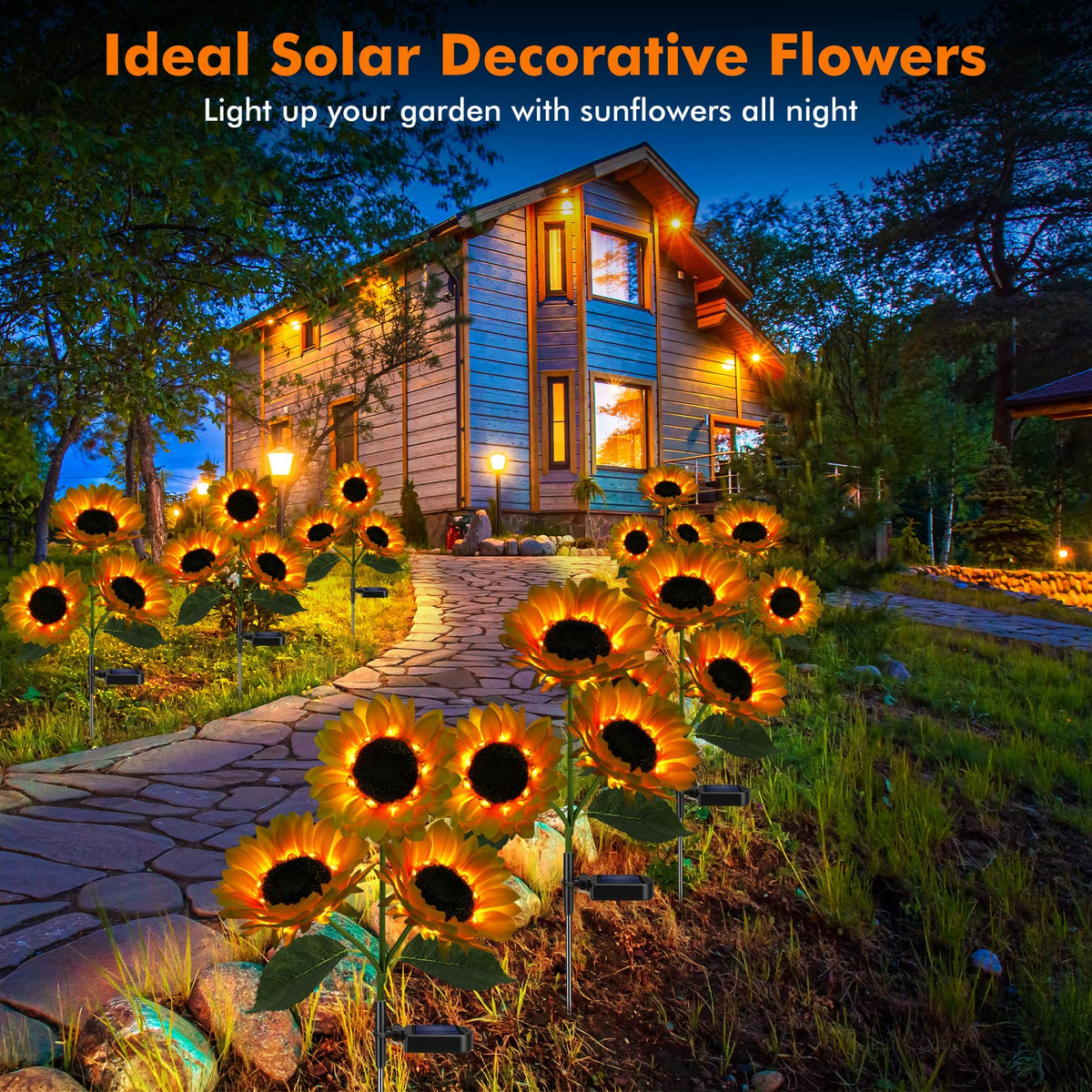 Meagoo solar sunflower light LED petals glow for warm night illumination.