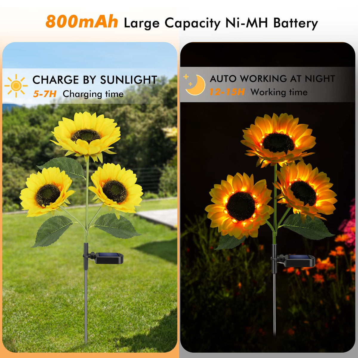 Meagoo solar sunflower light panel and battery view highlights efficient charging.