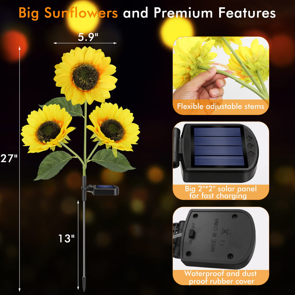 Meagoo solar sunflower lights waterproof case withstands rain and elements.