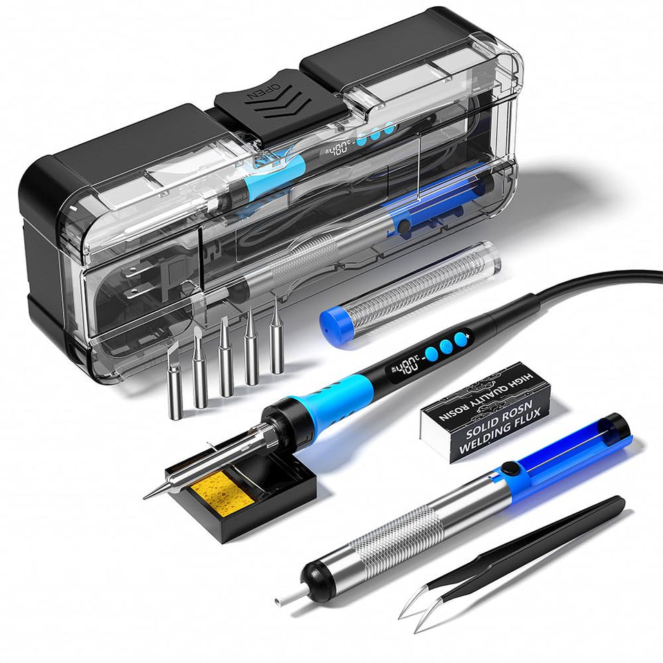 Meakest soldering iron kit with LCD display for precise temperature control.
